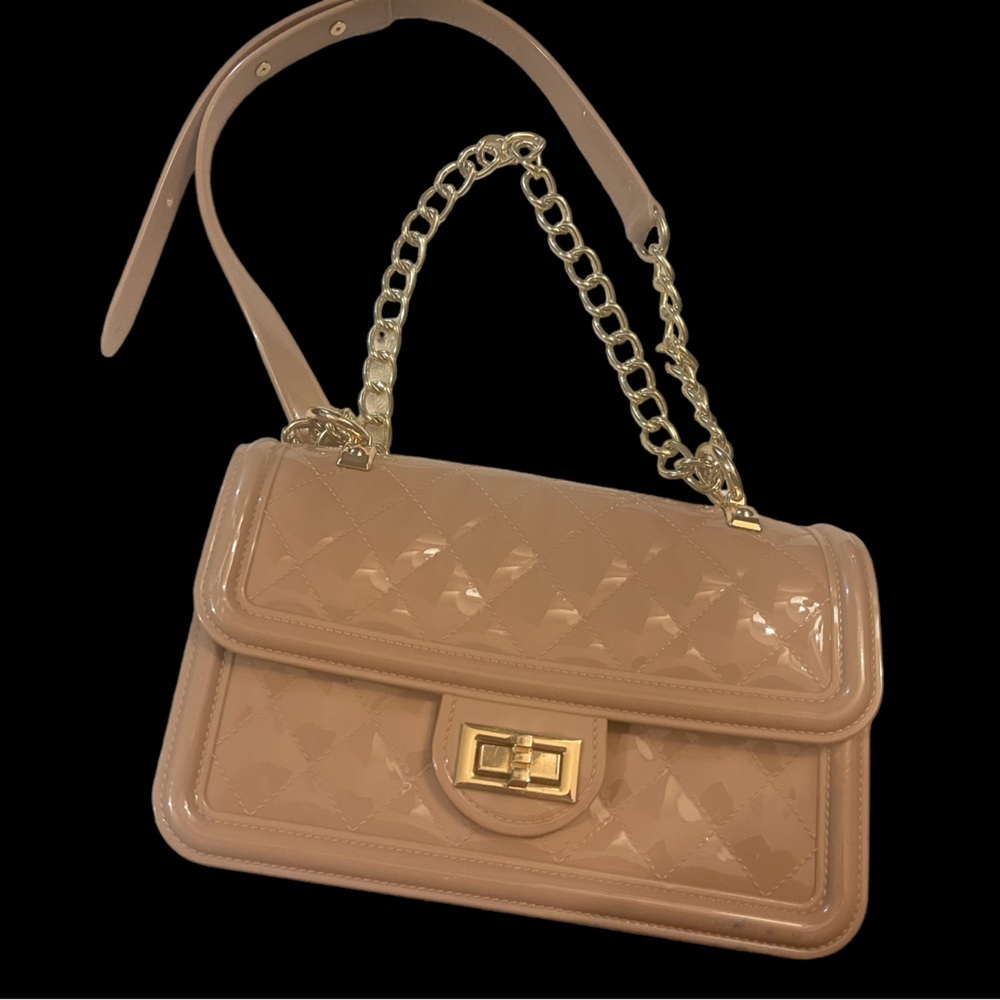 Beige quilted turn lock bag